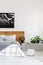 White wall with black map in modern bedroom with king size bed with wooden headboard
