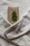 White warm sweater hugs a gift box wrapped in kraft recycled paper, decorated with fir twig in shape of Christmas tree.
