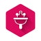 White Washbasin with water tap icon isolated with long shadow background. Pink hexagon button. Vector