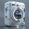 A white washing machine designed to resemble a digital camera