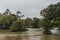 White water over rocks and islands in Kaveri River, India.