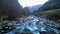 White water river meandering in winter forests in Pyrenees mountains