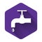 White Water tap with a falling water drop icon isolated with long shadow. Purple hexagon button