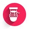 White Well with a bucket and drinking water icon isolated with long shadow. Red circle button. Vector