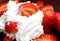 white whipped cream on red freshness sliced strawberry for dessert food background