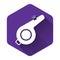 White Whistle icon isolated with long shadow. Referee symbol. Fitness and sport sign. Purple hexagon button