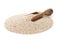 White whole, organic chia seeds heap in brown wooden scoop over white background