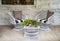 White wicker chairs and table outside on porch with Autumn flower arrangement with deer horns all against white painted stone wall