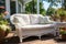White wicker couch with textile cushions. Green potted plants flowers. Colonial style residential house. Sunny day.