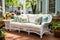 White wicker couch with textile cushions. Green potted plants flowers. Colonial style residential house. Sunny day. Cozy