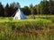 White wigwam on green field.