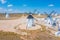 White windmills at Campo de Criptana in Spain.