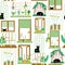 White windows with grids and decoration seamless vector background. Ivory, green, and brown windows with curtain, cats