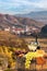White wine with barrel against Duernstein village in Wachau, Austria