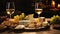 White wine glass with an exquisite variety of cheeses on a rustic wooden table