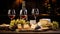 White wine glass with an exquisite variety of cheeses on a rustic wooden table