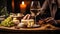 White wine glass with an exquisite variety of cheeses on a rustic wooden table