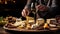 White wine glass with an exquisite variety of cheeses on a rustic wooden table