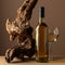 White wine and old snag on a beige background