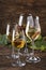 White wine set. Wine tasting, the most popular varieties of white wines in wine glasses on vintage wooden table in rustic style,