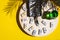 White, winner medal, green drink and dice: time to play on a yellow background. Board game.