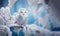 White winter owl perched on a tree branch in a winter snow landscape, beautiful wildlife winter wonderland with copy