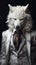 White wolf dressed in an elegant and modern suit with a nice tie