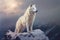 A white wolf stands on a snowy mountain top. Animal portrait. Generative AI