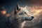 a white wolf is staring into the distance in the night sky with stars in the background and clouds in the sky above it is a full