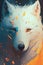 White Wolf wallpaper, graphical, color portrait of a wolf head on a white dark with splashes of watercolor and golden leaves