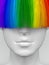 White woman`s face with long multicolored bangs covering her eyes. Bright colorful hair. Creative conceptual illustration. 3D