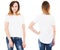 White woman in white t-shirt set isolated, blank, logo, empty