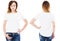 White woman in white t-shirt set isolated, blank, logo, empty