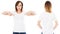 White woman in white t-shirt set isolated, blank, logo, empty