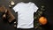 White women\\\'s t-shirt Halloween mockup with a mysterious dark background pumpkins delicate autumn leaves, AI generate