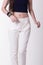 White women trousers in white background.