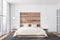 White and wood panoramic bedroom interior