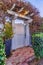 White wooden arched gate with pergola and fence covered with overgrown vines