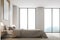 White and wooden bedroom, poster, gray bed