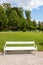 White wooden bench in garden in sunny sammer day