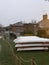 White wooden boats stored outdoors