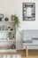White wooden bookshelf with grey plant, books and vases next to grey sofa with blanket