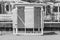 White wooden dressing room on an empty sea beach