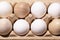 White and wooden eggs lie in two rows in paper packaging flat lay shot