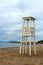 White wooden lifeguard tower on the municipal beach in Glyfada. Winter landscape.