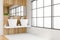 White and wooden panoramic bathroom, double sink