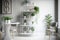 White wooden rack with books, decor and fresh plants standing in grey dining room interior with flowers on hairpin table.
