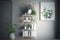 White wooden rack with books, decor and fresh plants standing in grey dining room interior with flowers on hairpin table.