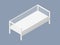 White wooden single bed with rails and mattress. 3D flat style vector illustration. Bed in isometric on grey background