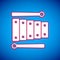 White Xylophone - musical instrument with thirteen wooden bars and two percussion mallets icon isolated on blue